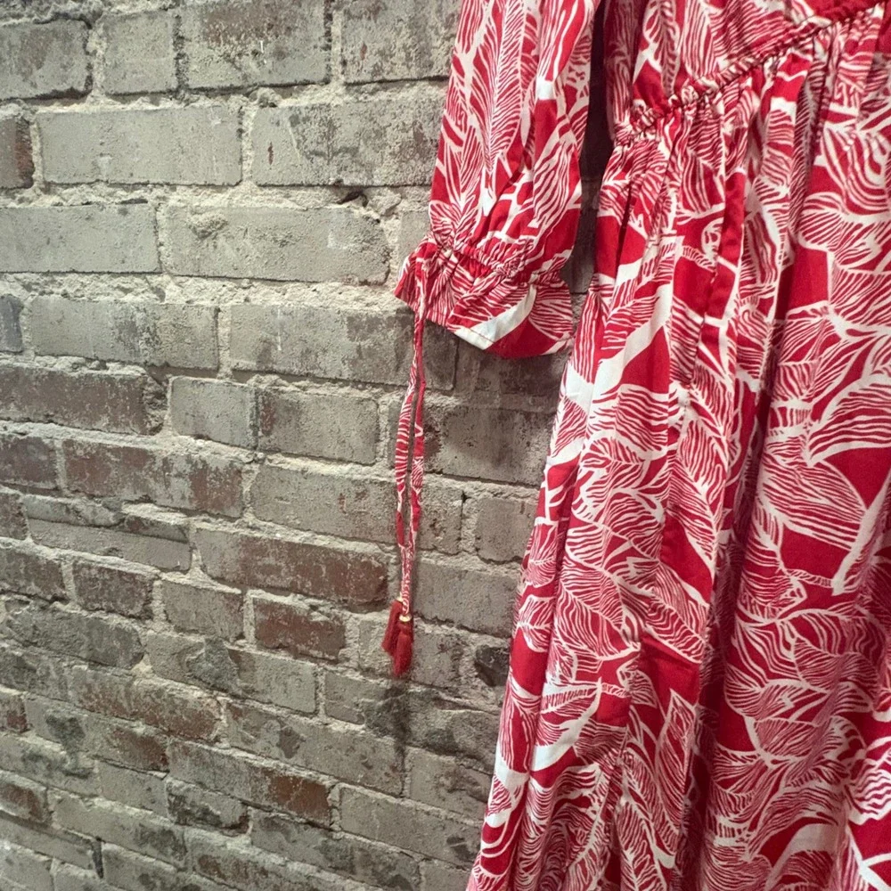 Masala Red White Tropical Leaf Print Maxi Dress V Neck Smocked Dress Size Medium - Picture 3 of 8